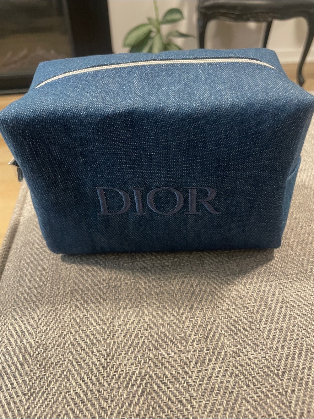 Dior Men’s Denim Toiletry Pouch in Deep Navy with White Stitching